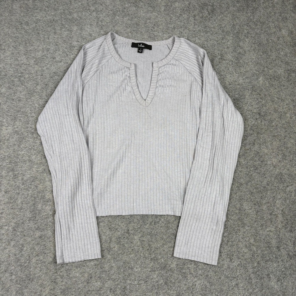 Lulus Top Womens S Grey Ribbed Split Neck Long‎ Sleeve Henley Preppy Swancore